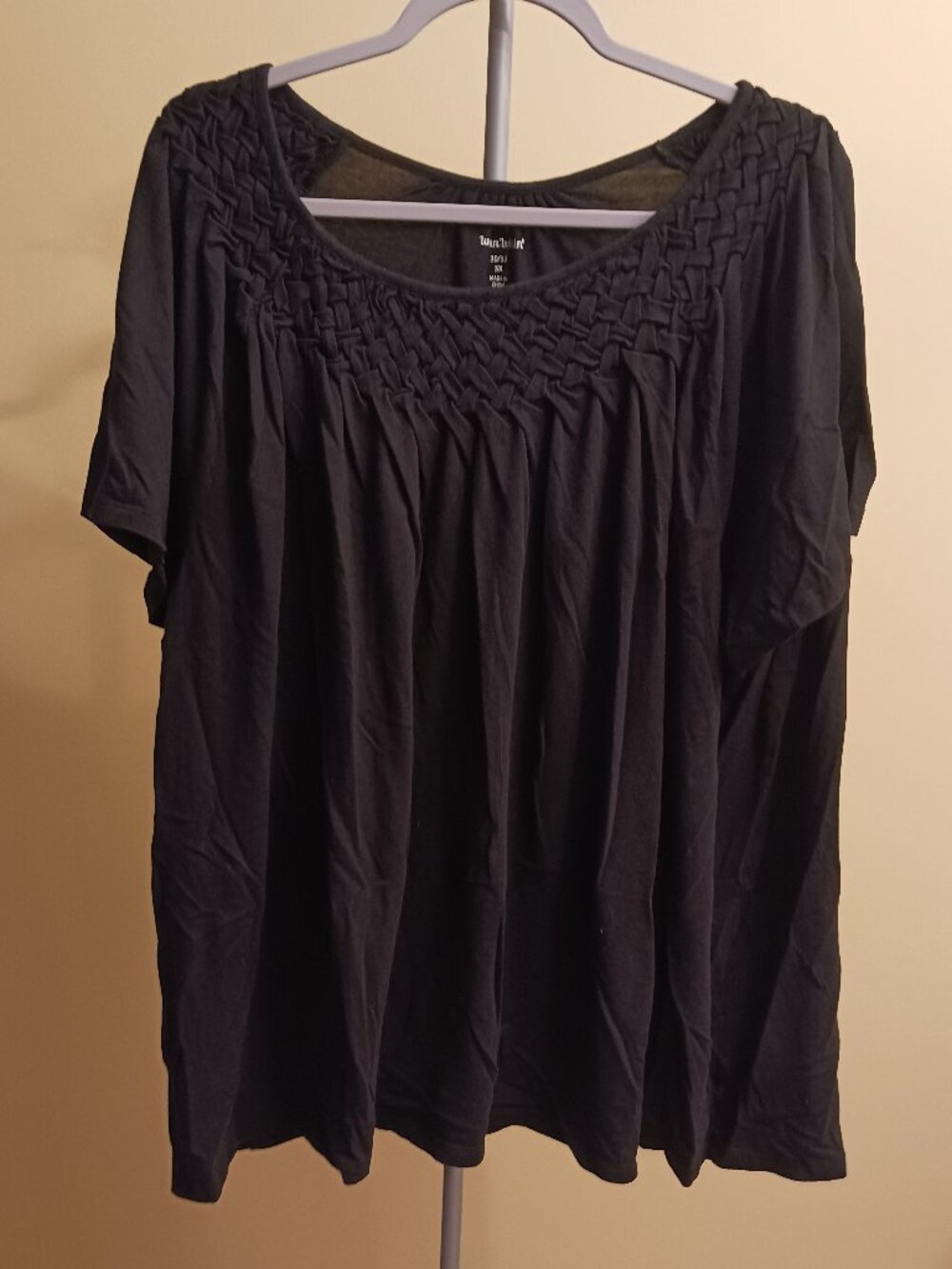 Woman Within black short-sleeve top with a braided/criss-cross lattice detail